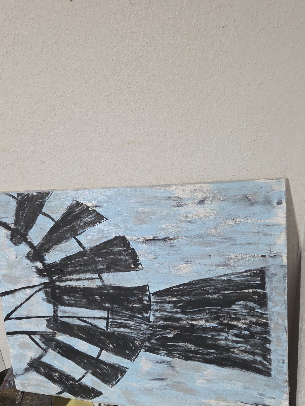 Handpainted Abstract Black & Light Blue Windmill Wood Wall Art